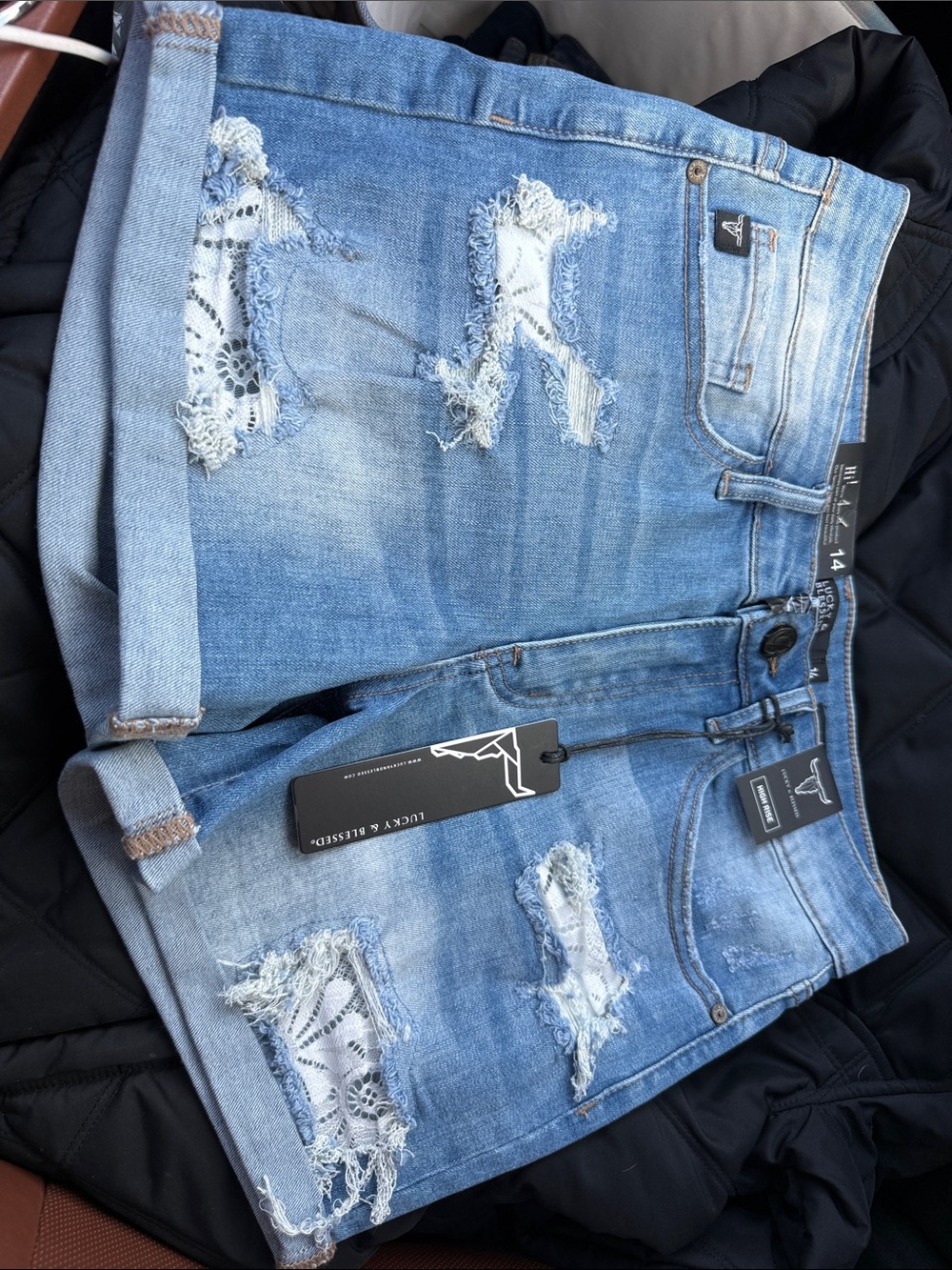 Lucky Brand Light Blue Distressed Denim Shorts with Lace Patches